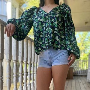 Topshop Satin Floral Puff Sleeve Blouse in Green Multicolor Sz 6